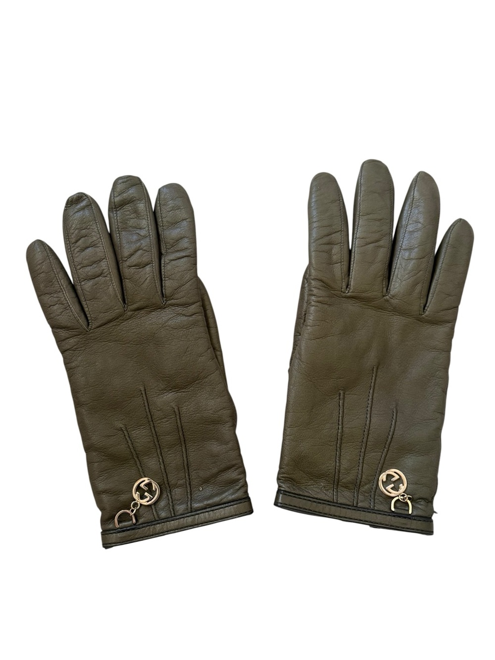 Gucci Olive Green Leather Cashmere Lined Interlocking G Charm Gloves Size 7.5